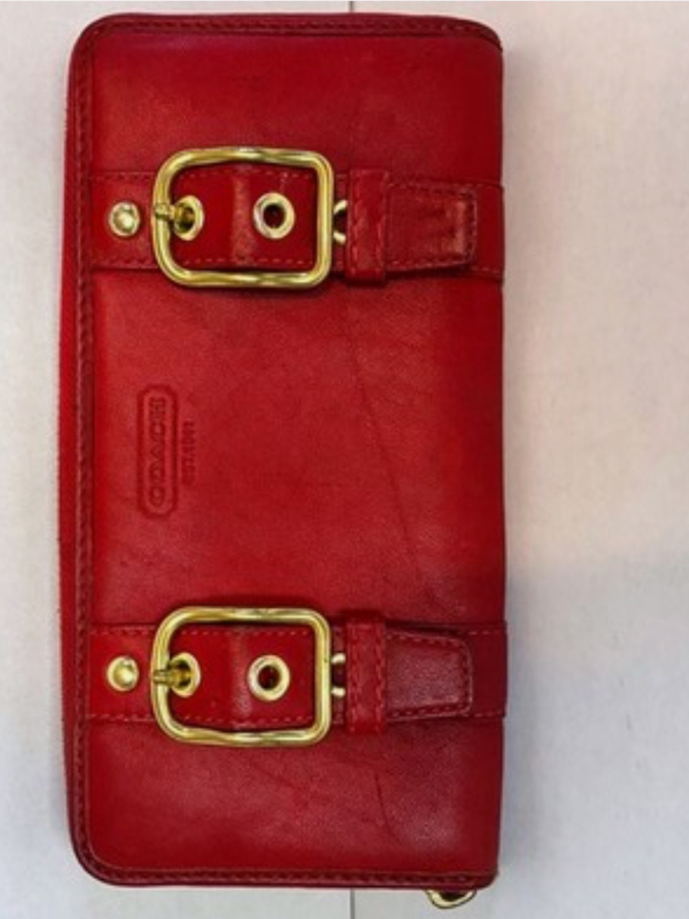 Coach Zoe Leather Zip-Around Wallet with Gold Buckle Accents